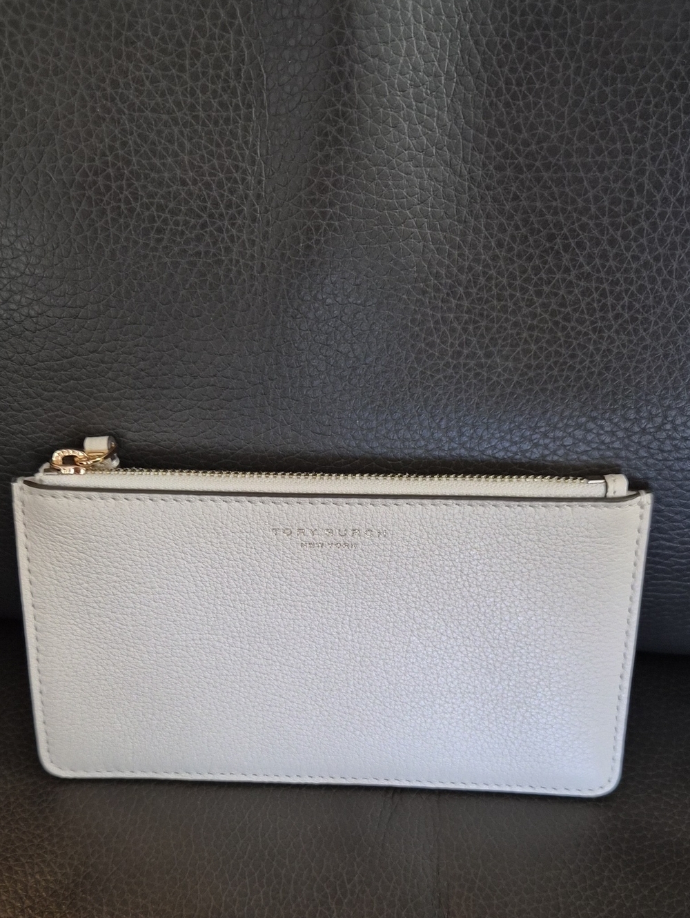 Tory Burch Pebbled Leather Zip Card Wallet Gold Hardware